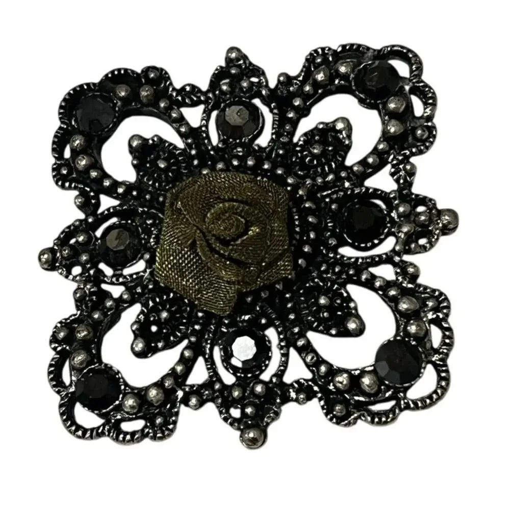 Vintage Silver Rhinestone Brooch with Olive Green Rose|Intricate Floral Pin|EUC